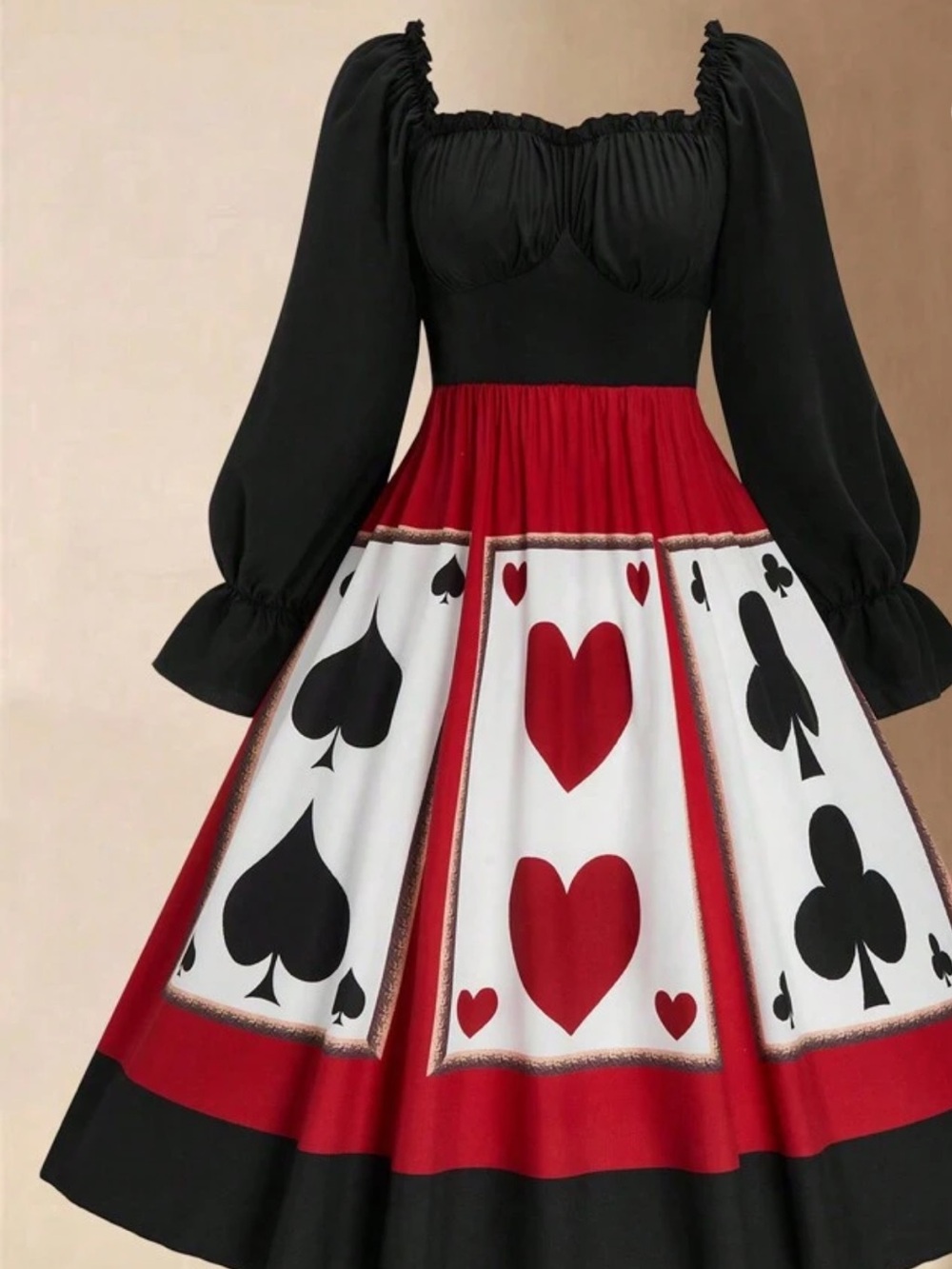Vintage-Inspired Card Suit A-Line Dress in Black, Red & White
